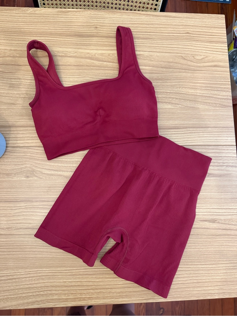 Seamless Ribbed Crop Tank & High-Waist Shorts Set - Burgundy